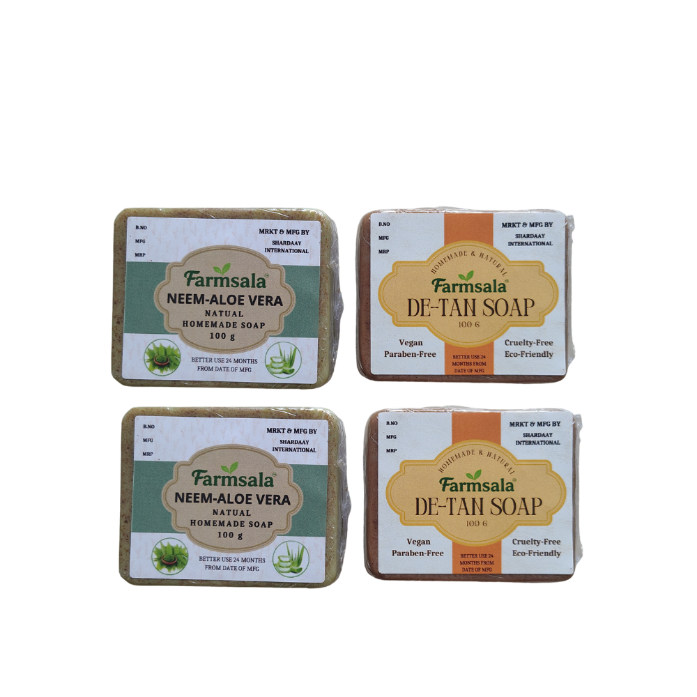 Farmsala Neem Aloe Vera & De-Tan Soap Combo | Herbal & Brightening Care | 4 Soap Pack